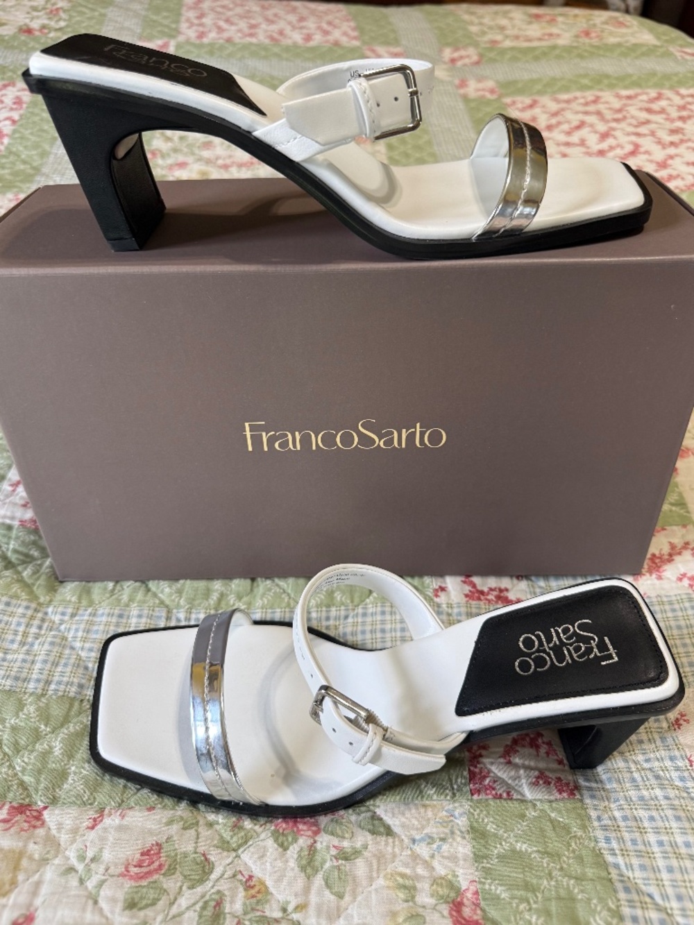 Franco Sarto Frenza Slide Heeled Sandal White/Silver Faux Leather, Sz 9.5